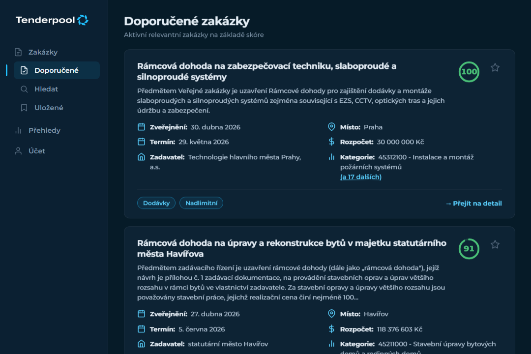 Náhled aplikace Tenderpool, ranní shortlist relevantních veřejných zakázek se skóre a rychlým rozhodnutím